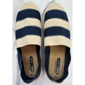 Skechers GOwalk Womens 8 Navy Blue Cream Striped Slip On Walking Shoes Resalyte